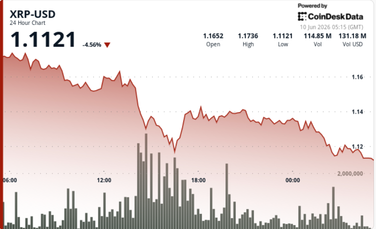 XRP 4.5% 급락, 1.13달러 지지선 붕괴로 1달러 방어선 시험